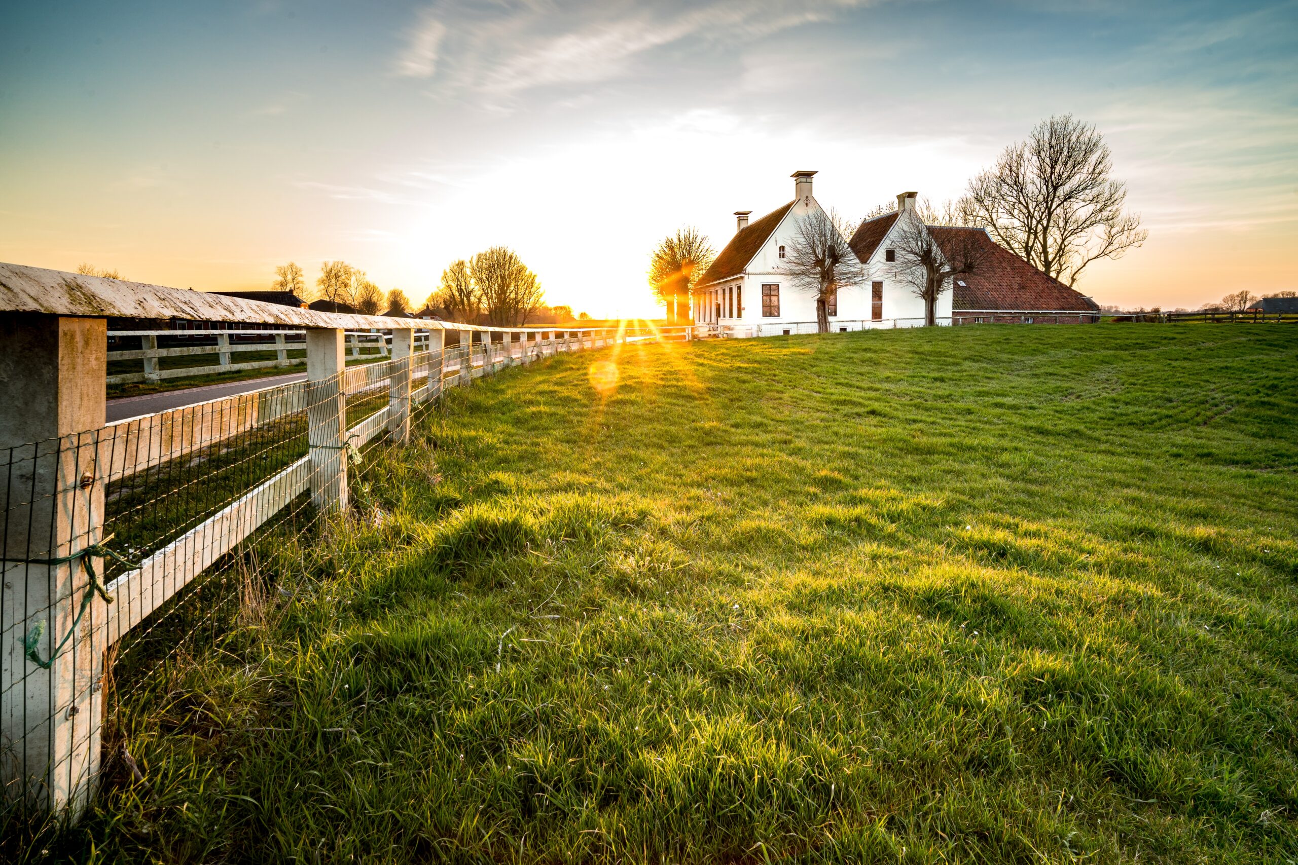 A beautiful shot of a fence leading to a house in a green grass area